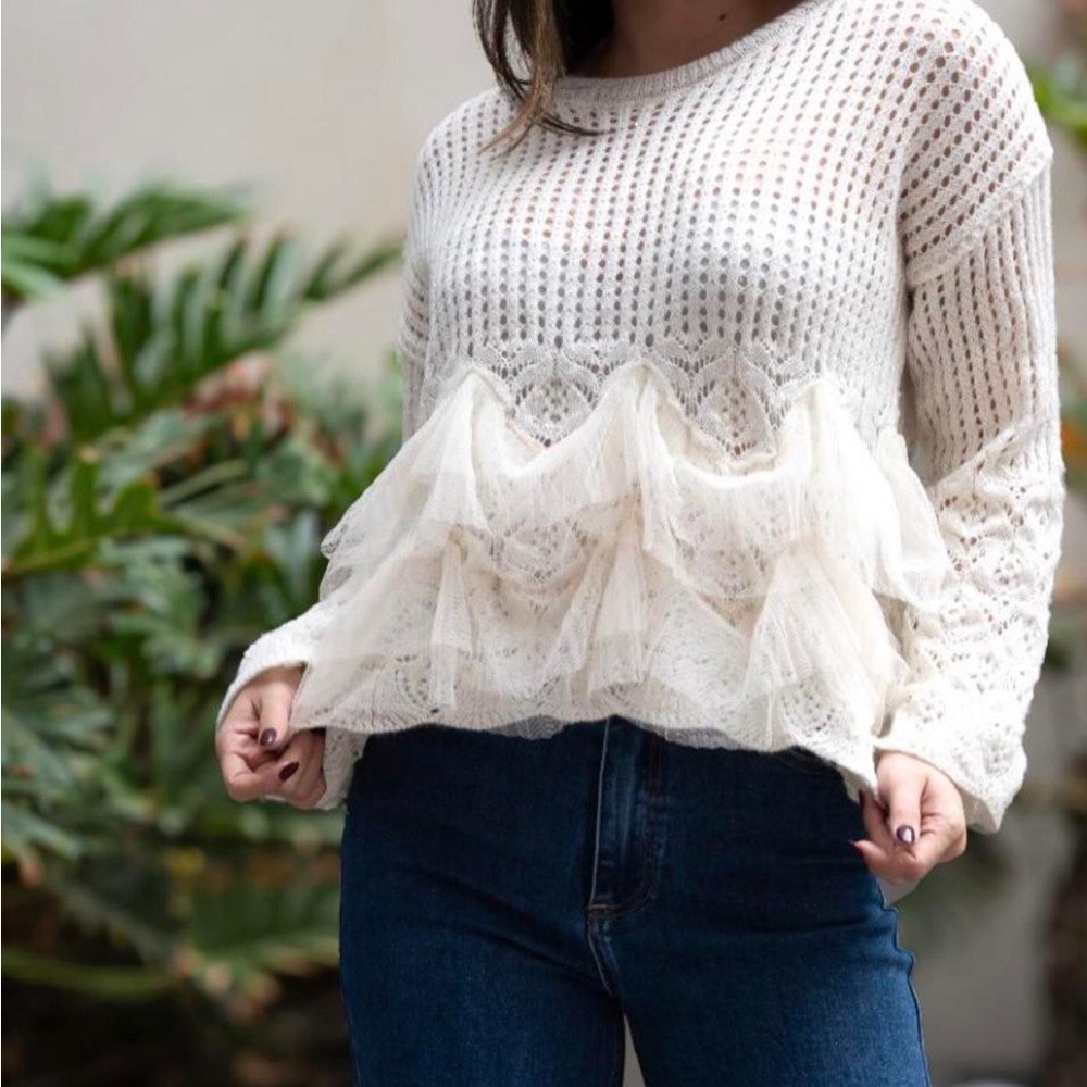 Elegant Lace Trim White Sweater Top